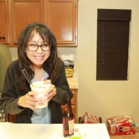 Kat eating some Bacon Cup Noodles