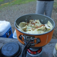 Mushroom ravioli with bacon bits